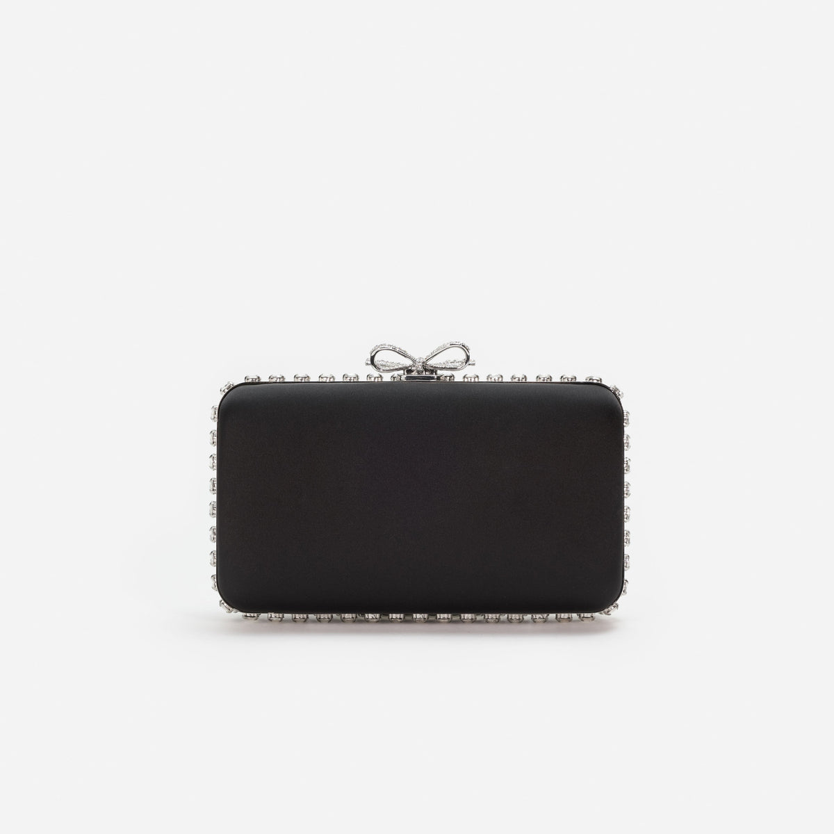 Siyah Saten Kristal Fiyonk Detaylı Mini Clutch Çanta