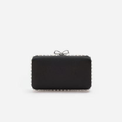 Siyah Saten Kristal Fiyonk Detaylı Mini Clutch Çanta
