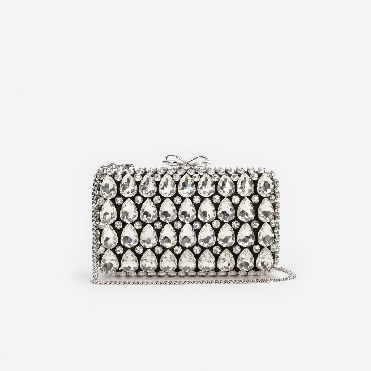 Siyah Saten Kristal Fiyonk Detaylı Mini Clutch Çanta