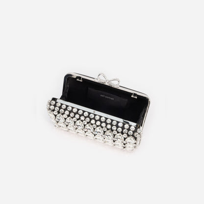 Siyah Saten Kristal Fiyonk Detaylı Mini Clutch Çanta