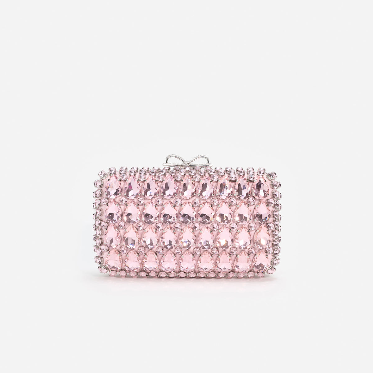 Pembe Saten Kristal Fiyonk Detaylı Mini Clutch Çanta