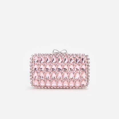 Pembe Saten Kristal Fiyonk Detaylı Mini Clutch Çanta