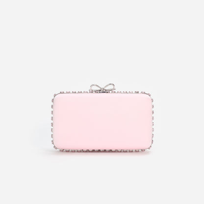 Pembe Saten Kristal Fiyonk Detaylı Mini Clutch Çanta