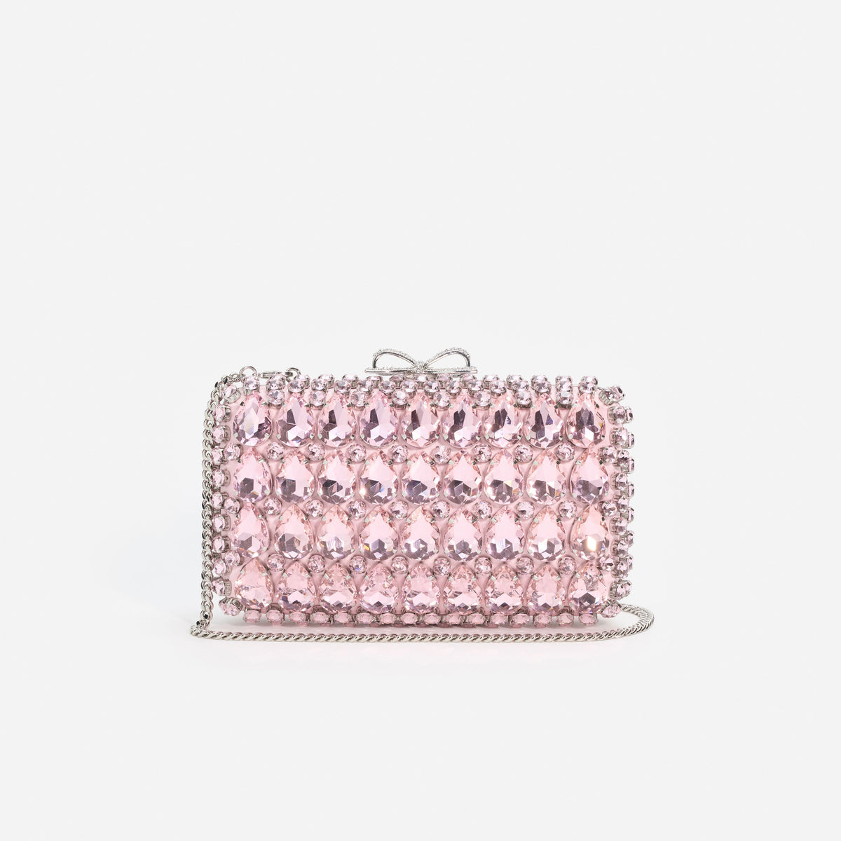 Pembe Saten Kristal Fiyonk Detaylı Mini Clutch Çanta