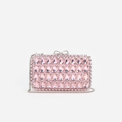 Pembe Saten Kristal Fiyonk Detaylı Mini Clutch Çanta