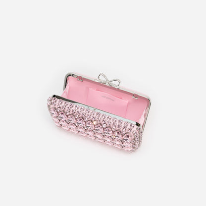 Pembe Saten Kristal Fiyonk Detaylı Mini Clutch Çanta