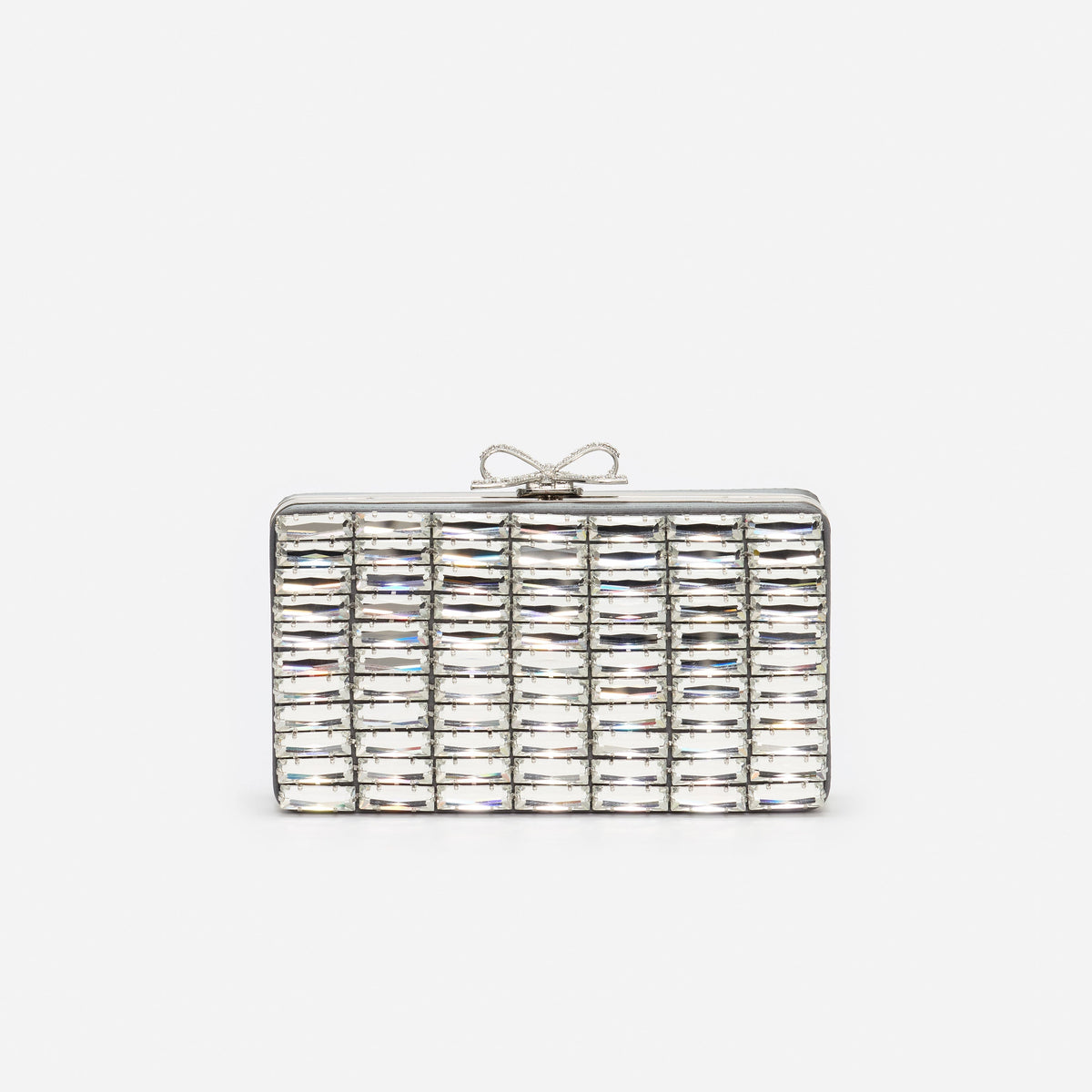 Gri Saten Kristal Fiyonk Detaylı Mini Clutch Çanta
