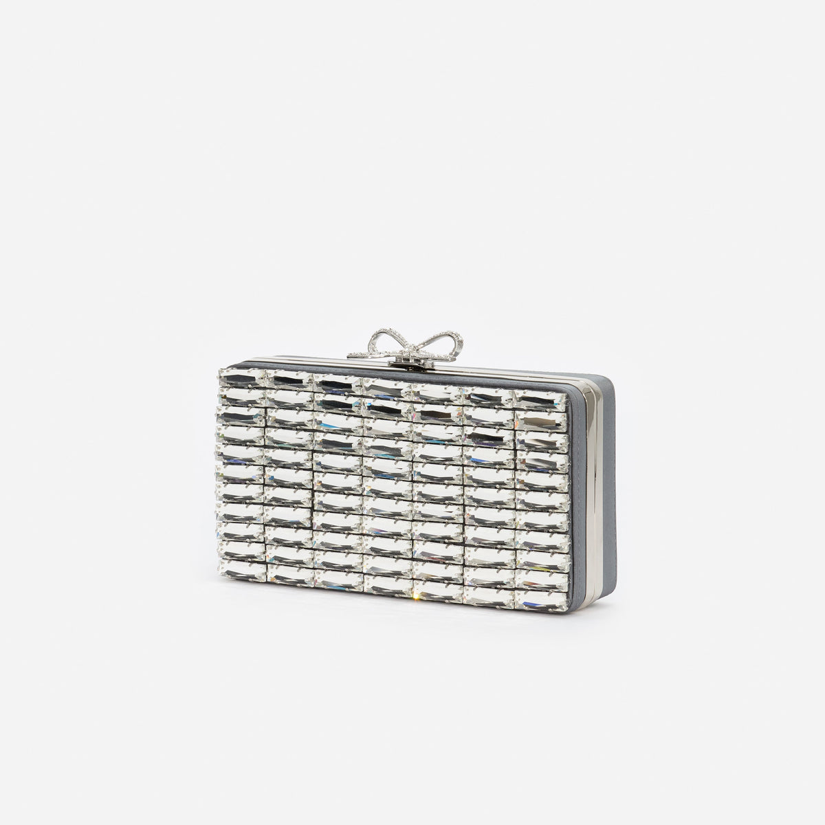 Gri Saten Kristal Fiyonk Detaylı Mini Clutch Çanta