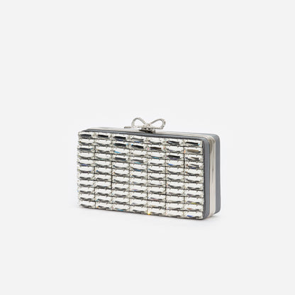 Gri Saten Kristal Fiyonk Detaylı Mini Clutch Çanta