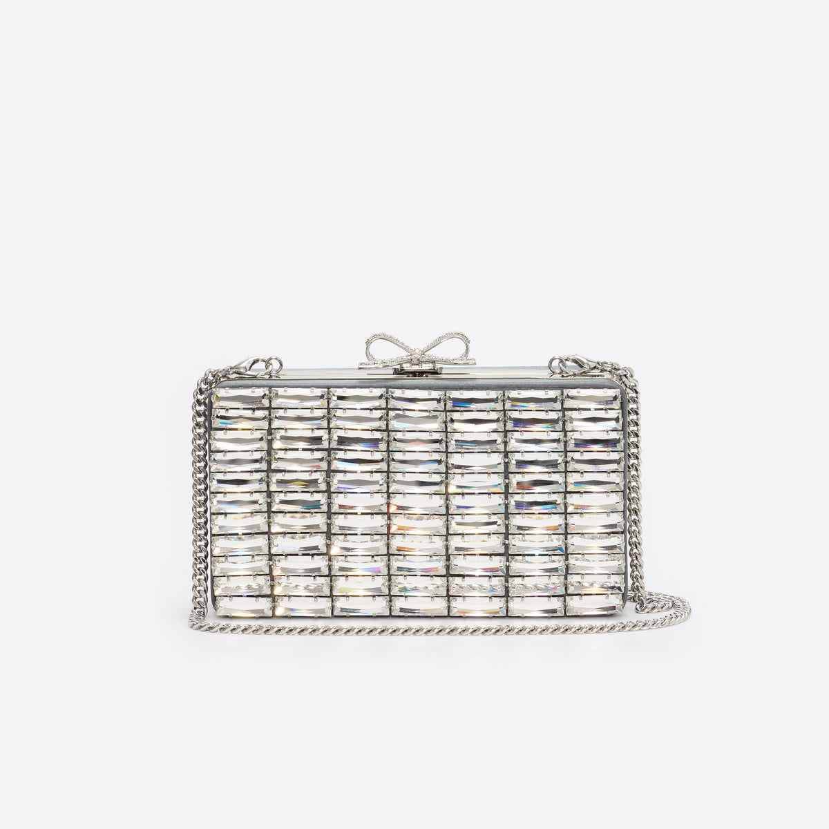 Gri Saten Kristal Fiyonk Detaylı Mini Clutch Çanta