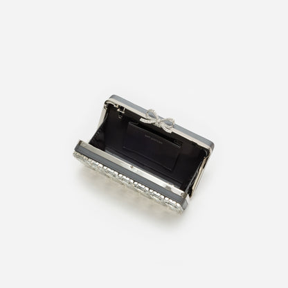 Gri Saten Kristal Fiyonk Detaylı Mini Clutch Çanta