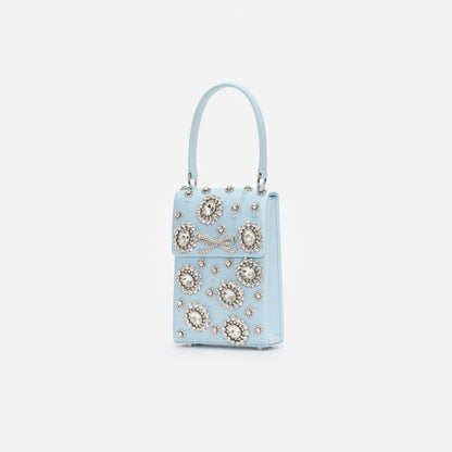 Mavi Kristal ve Fiyonk Detaylı Mini Çanta