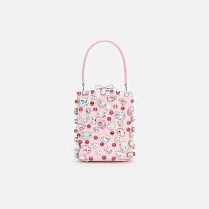 Pembe Çok Renkli Kristal Fiyonk Detaylı Mini Çanta