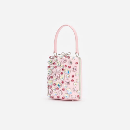 Pembe Çok Renkli Kristal Fiyonk Detaylı Mini Çanta