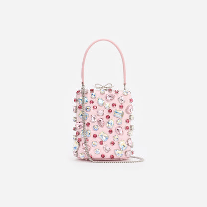 Pembe Çok Renkli Kristal Fiyonk Detaylı Mini Çanta