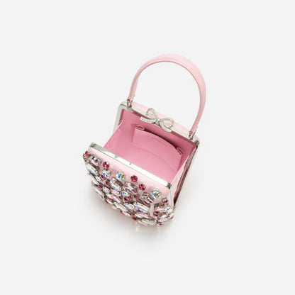 Pembe Çok Renkli Kristal Fiyonk Detaylı Mini Çanta