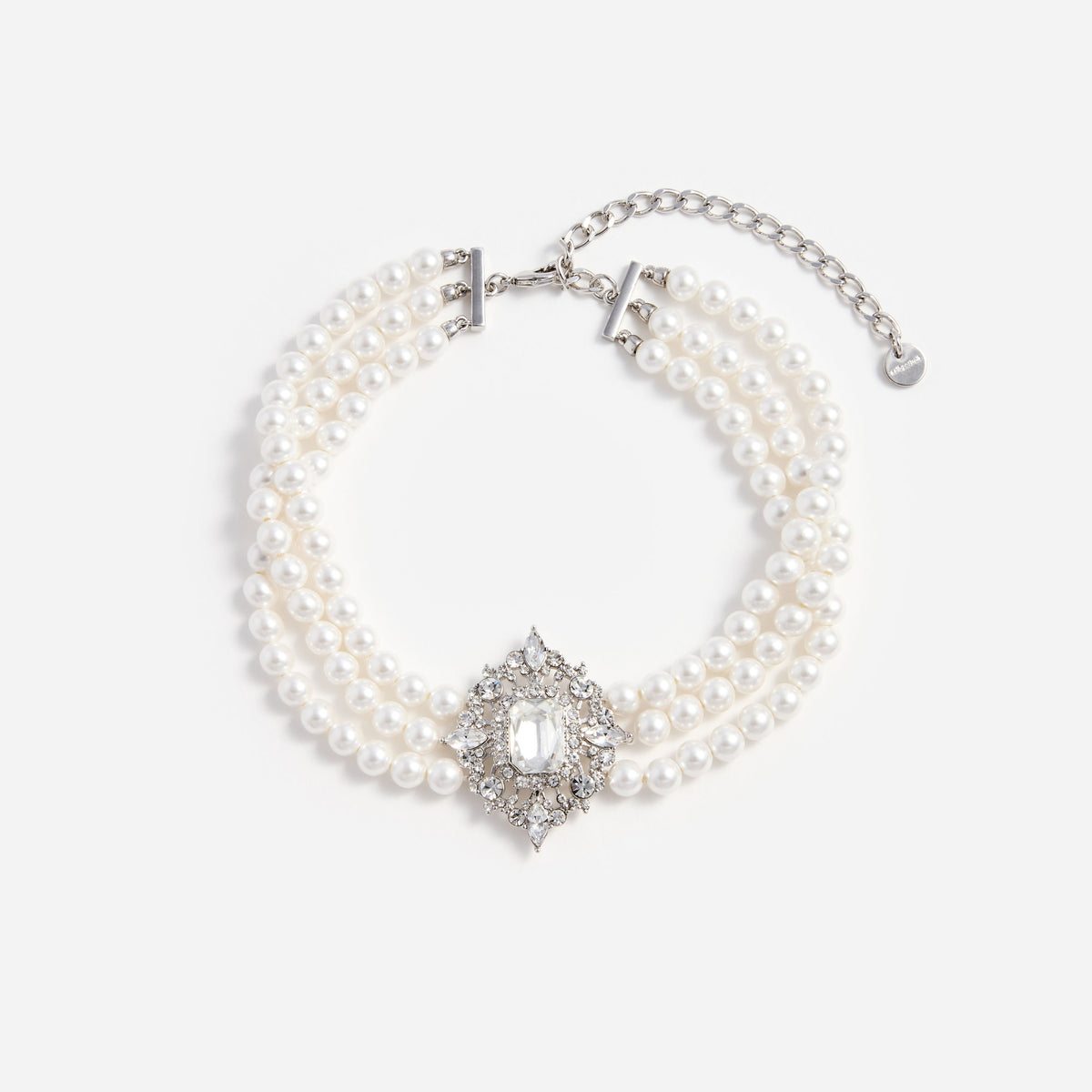 Krem Kristal ve İnci Katlı Choker Kolye