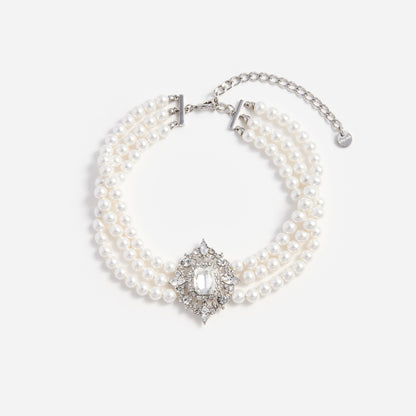 Krem Kristal ve İnci Katlı Choker Kolye