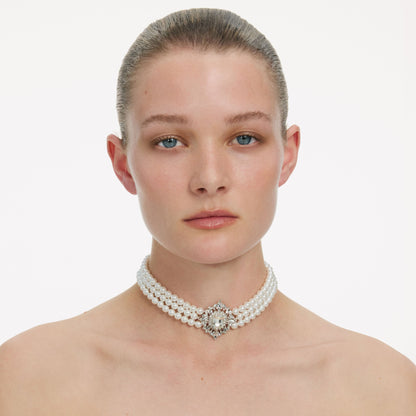 Krem Kristal ve İnci Katlı Choker Kolye