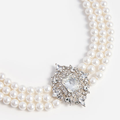 Krem Kristal ve İnci Katlı Choker Kolye