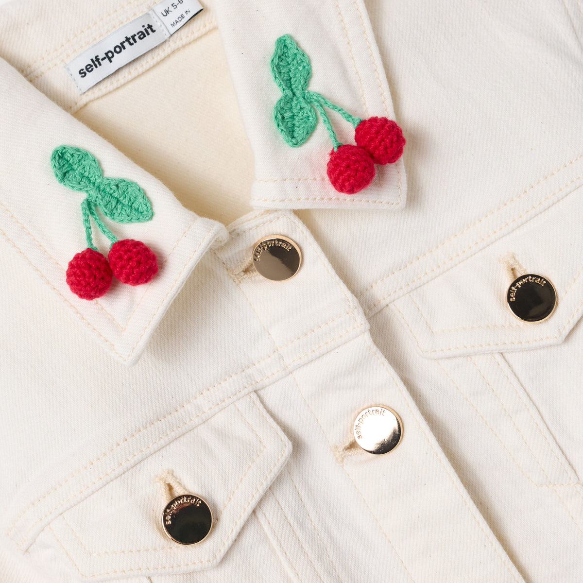 Krem Kiraz Motifli Denim Çocuk Ceket