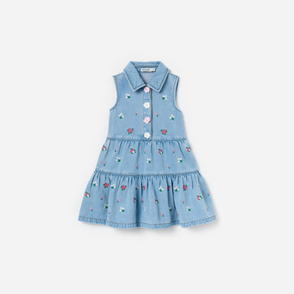 Mavi Çiçek İşlemeli Denim Çocuk Elbise