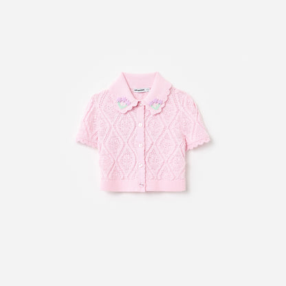 Pembe Çiçek Nakışlı Triko Çocuk Üst
