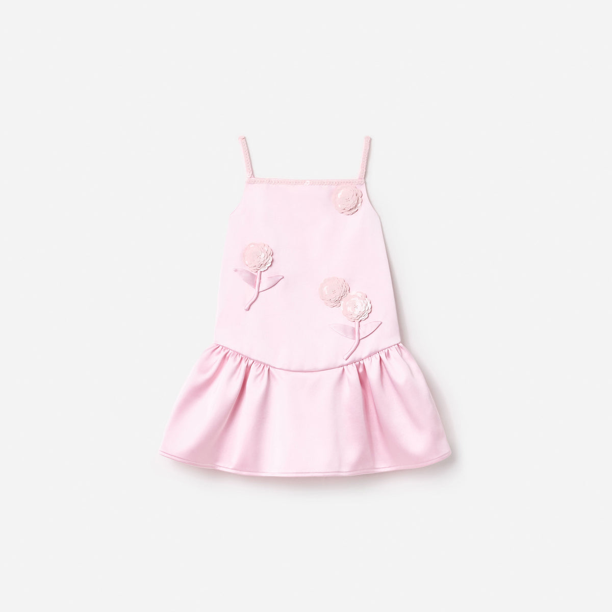 Pembe Krep Pul Payet Çiçekli Çocuk Elbise