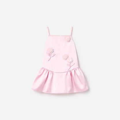 Pembe Krep Pul Payet Çiçekli Çocuk Elbise