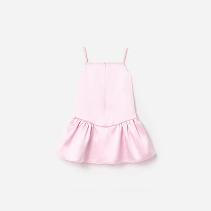 Pembe Krep Pul Payet Çiçekli Çocuk Elbise