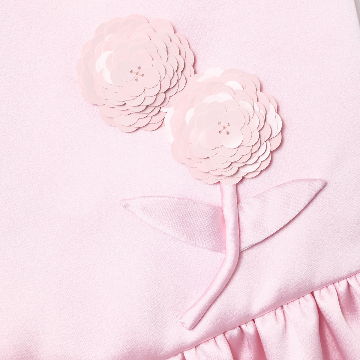 Pembe Krep Pul Payet Çiçekli Çocuk Elbise