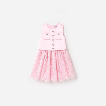 Pembe Saten Dantel Çocuk Elbise