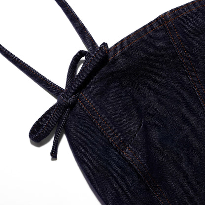 İndigo Fiyonk ve Sırt Dekolte Detaylı Denim Tulum