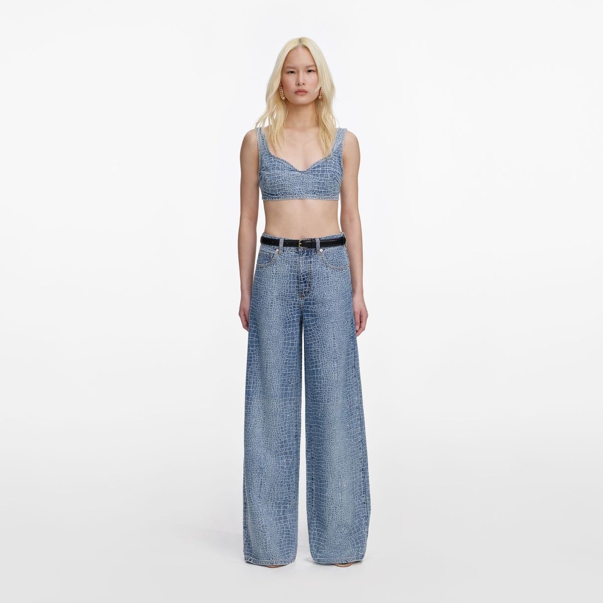 Mavi Taş Detaylı Timsah Desenli Denim Bralet