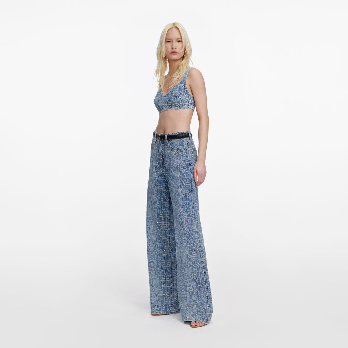 Mavi Taş Detaylı Timsah Desenli Denim Bralet