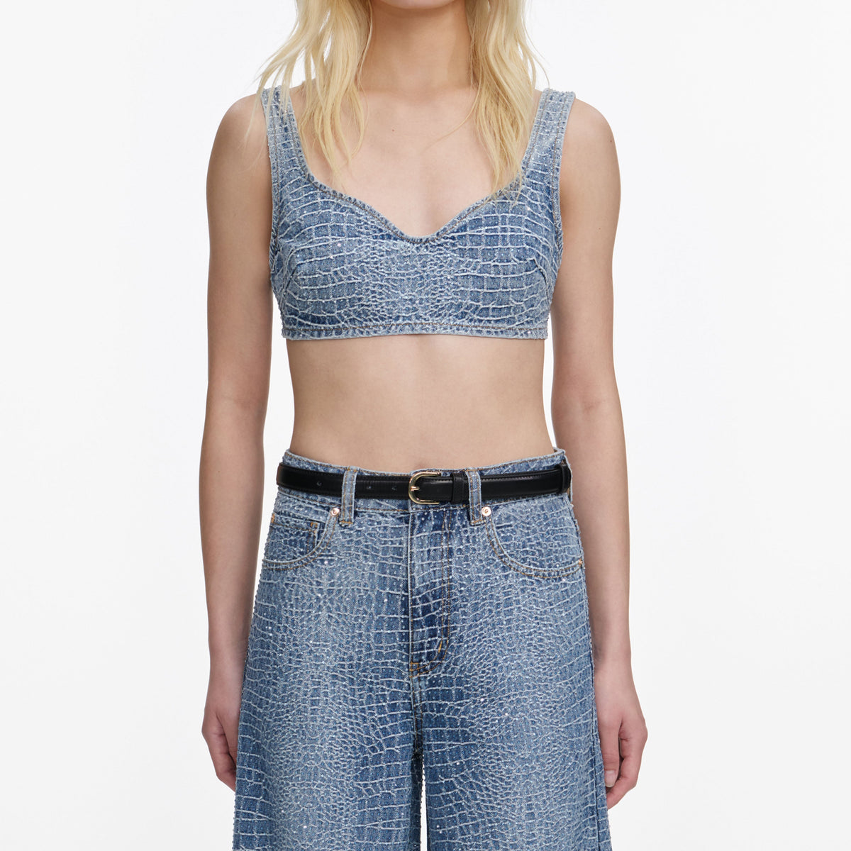 Mavi Taş Detaylı Timsah Desenli Denim Bralet