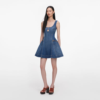 Mavi Geniş Etekli Denim Mini Elbise