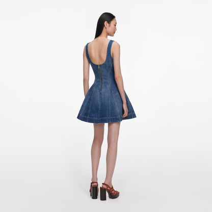 Mavi Geniş Etekli Denim Mini Elbise