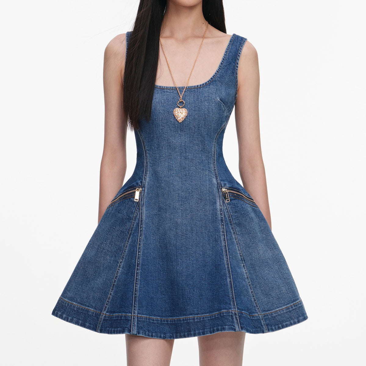 Mavi Geniş Etekli Denim Mini Elbise