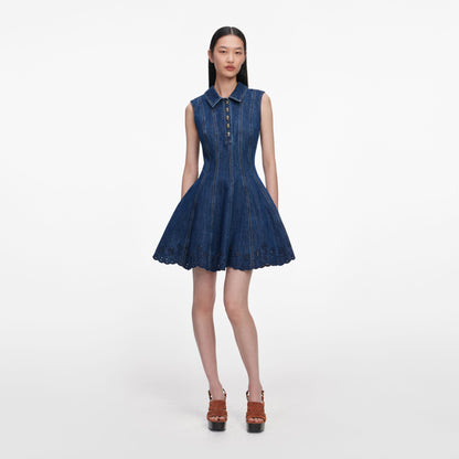 Mavi Denim ve Broderi Detaylı Mini Elbise