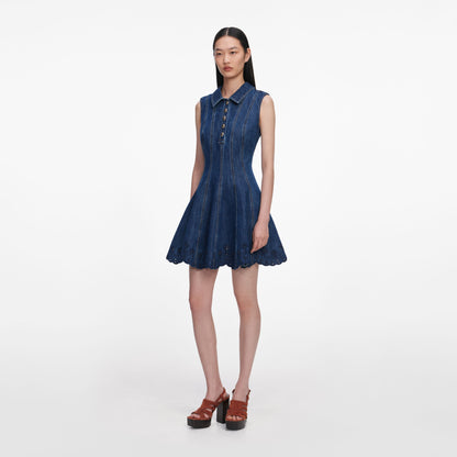 Mavi Denim ve Broderi Detaylı Mini Elbise