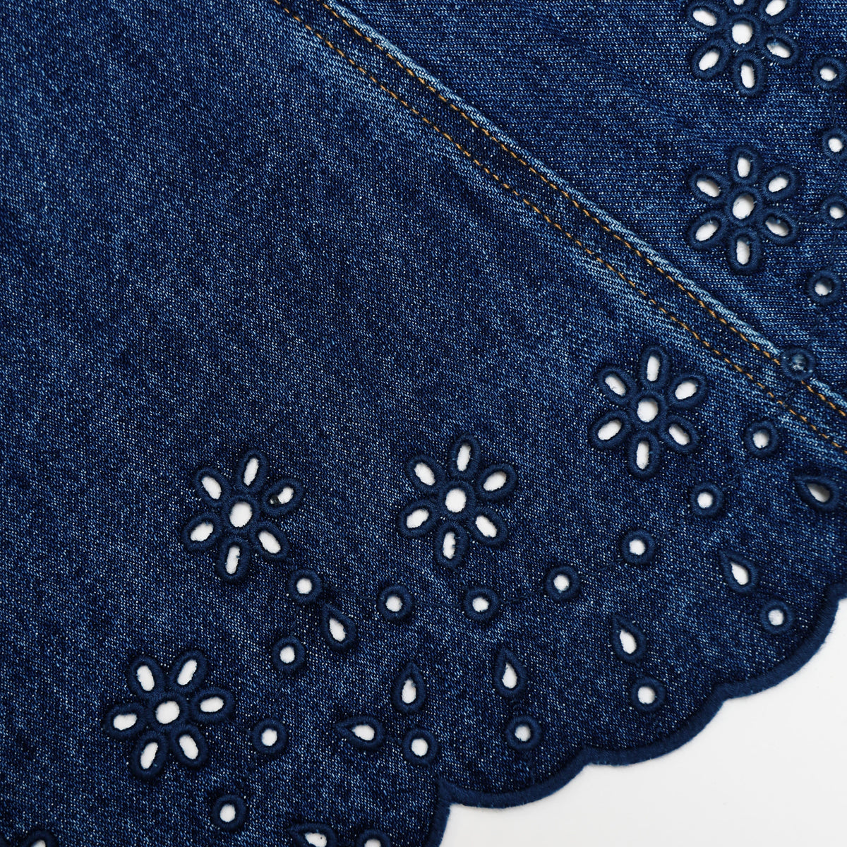 Mavi Denim ve Broderi Detaylı Mini Elbise