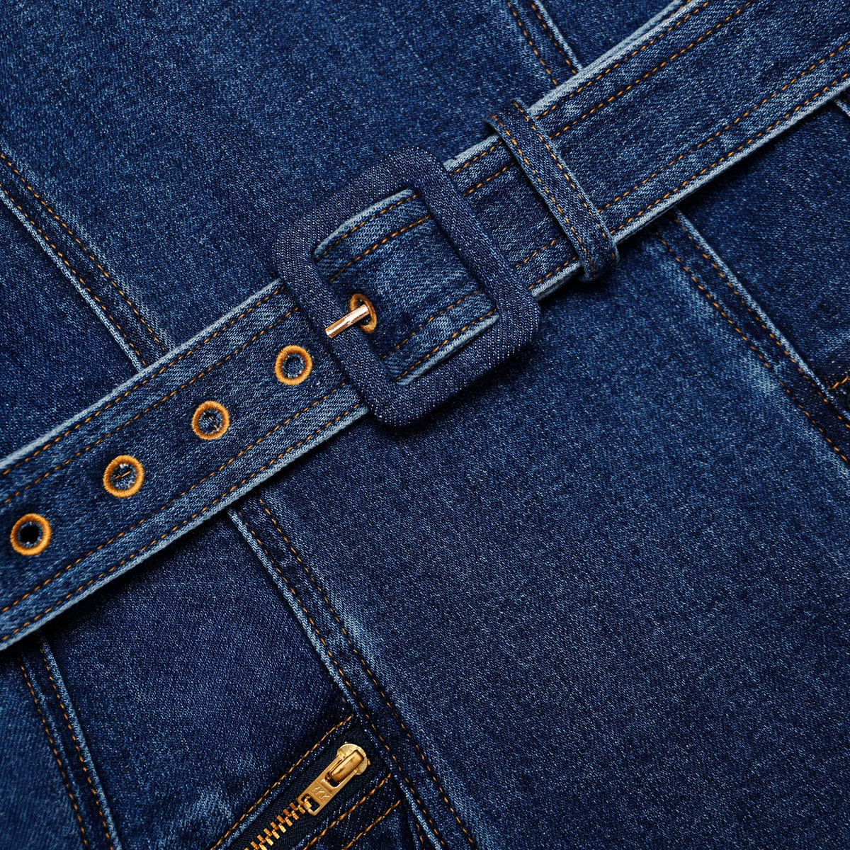 Mavi Kemer Detaylı Geniş Etekli Denim Midi Elbise