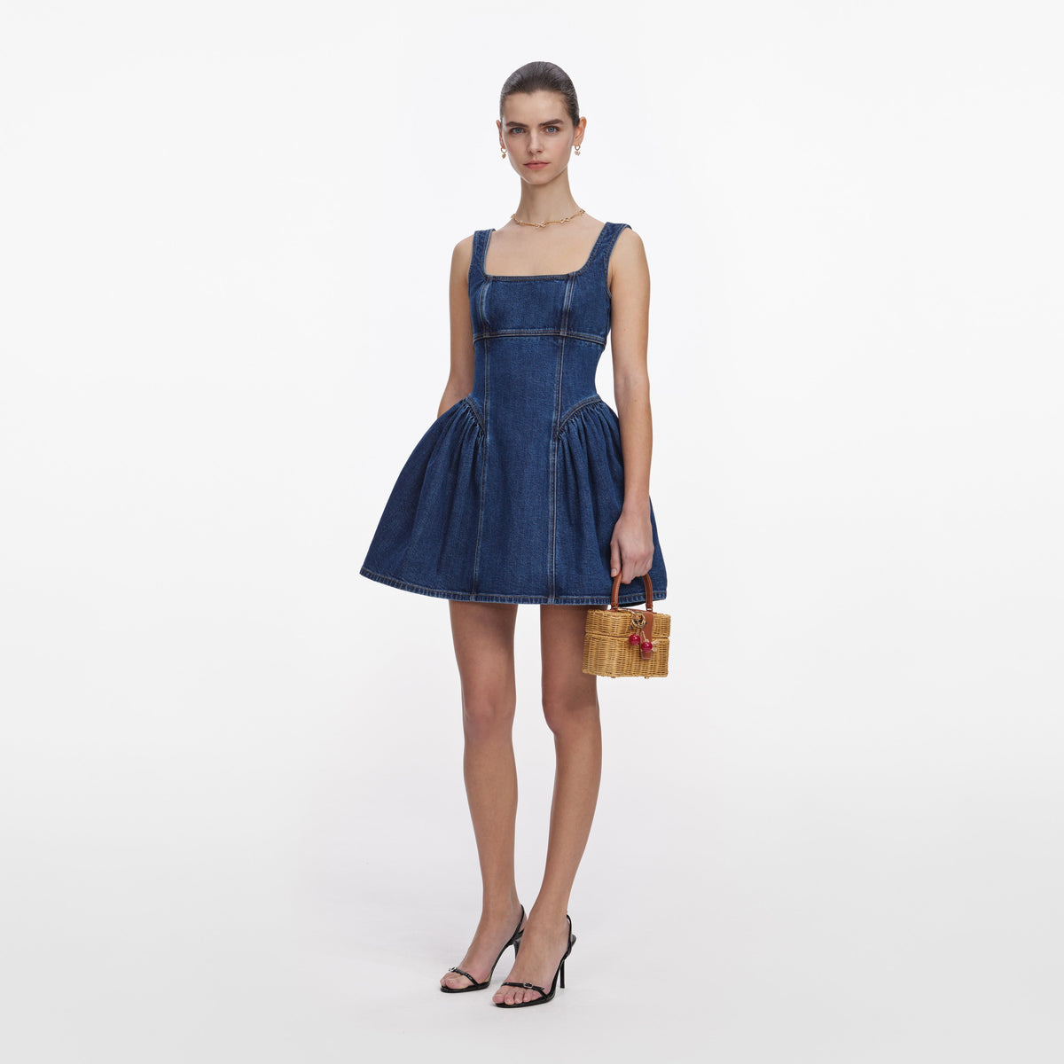 Koyu Mavi Düşük Bel Denim Mini Elbise