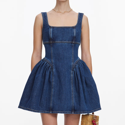 Koyu Mavi Düşük Bel Denim Mini Elbise