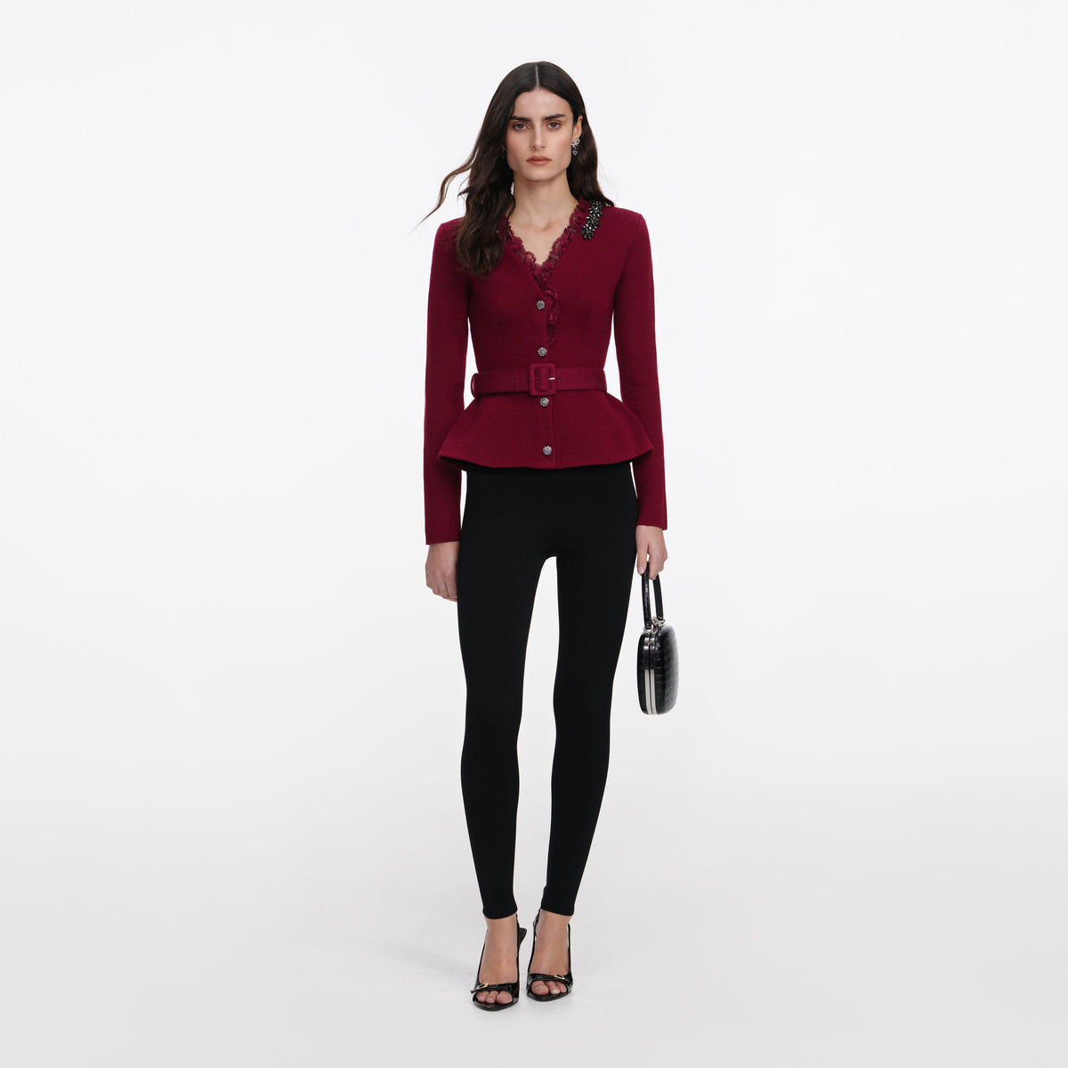 Bordo Kristal İşlemeli Peplum Hırka