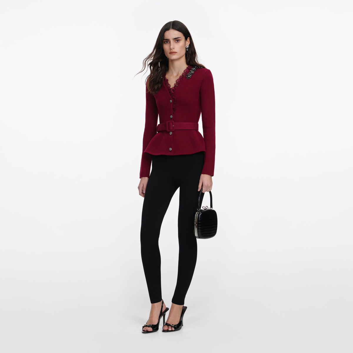 Bordo Kristal İşlemeli Peplum Hırka