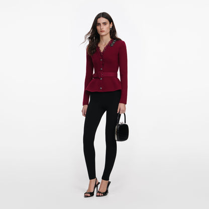 Bordo Kristal İşlemeli Peplum Hırka