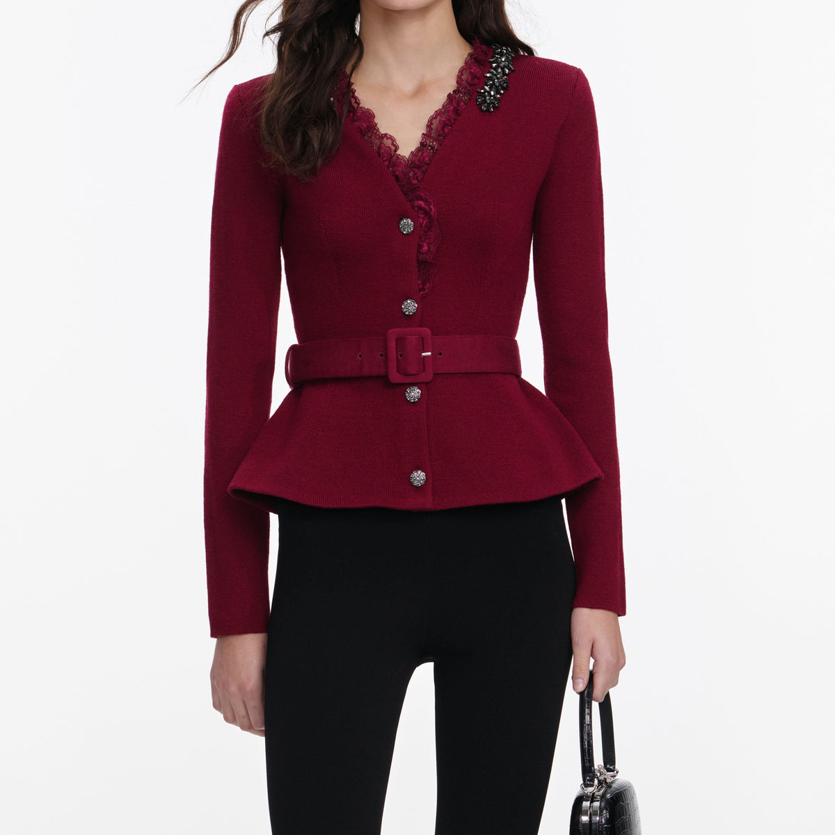 Bordo Kristal İşlemeli Peplum Hırka