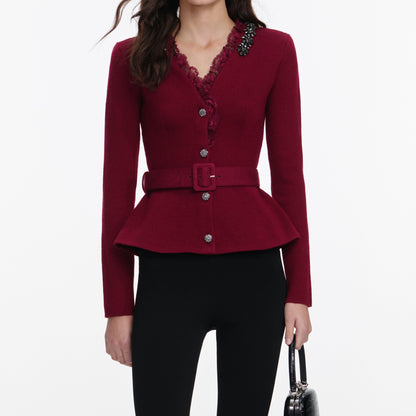 Bordo Kristal İşlemeli Peplum Hırka